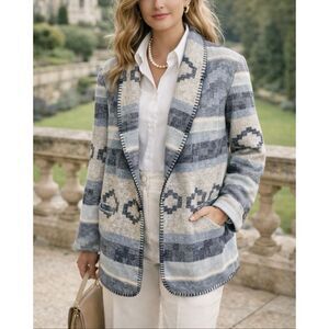 Coldwater Creek Southwestern Blanket Knit Cardigan Jacket Blue Gray Tribal